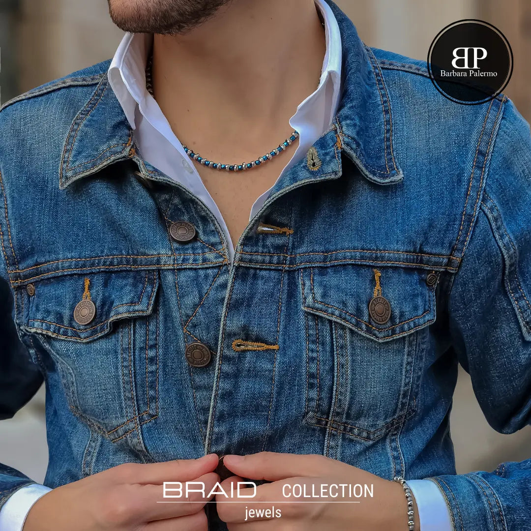 Glänzendes blaues nautisches Armband aus geflochtenem Stahl und Hämatit