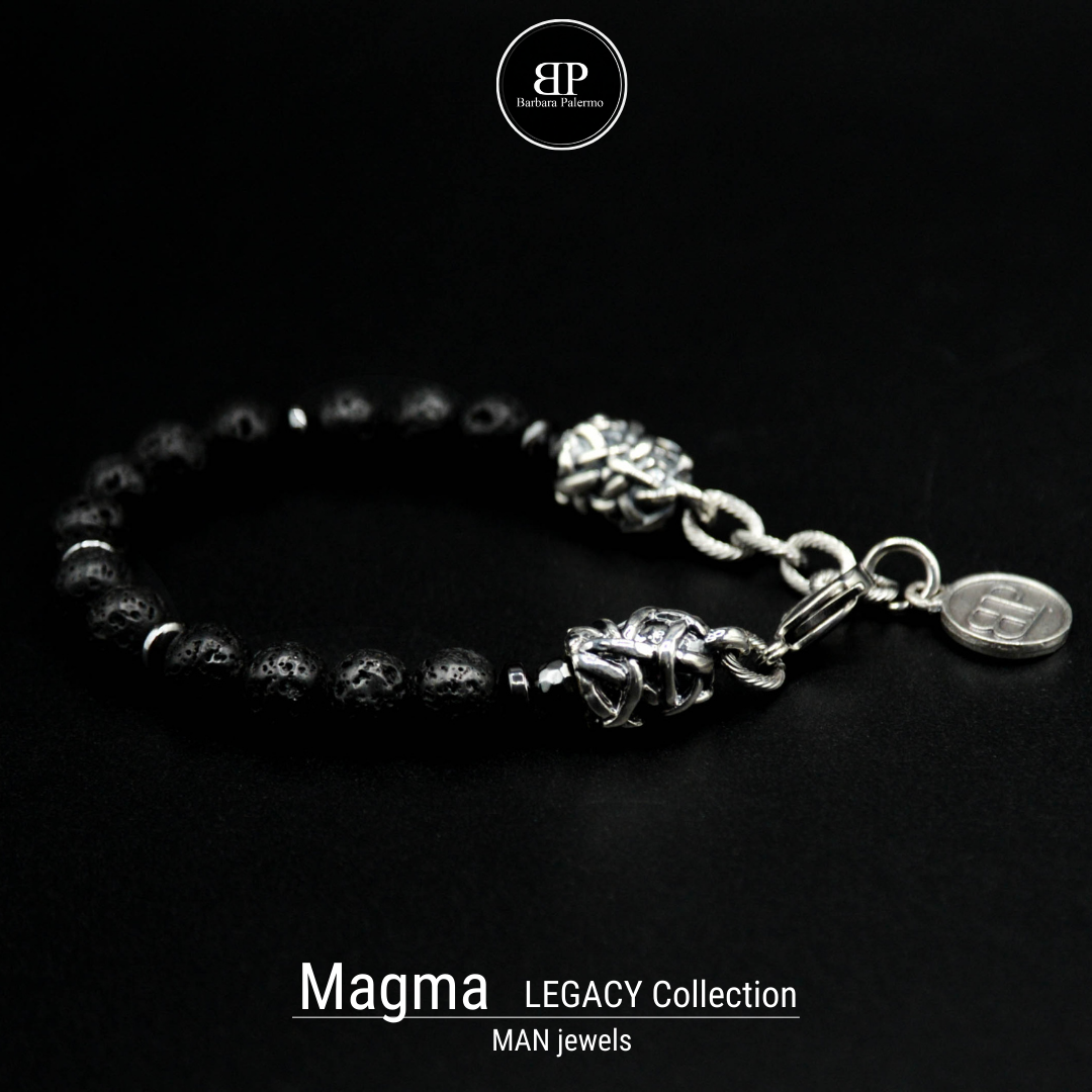 MAGMA und Silber Herrenarmband aus Lavasteinen