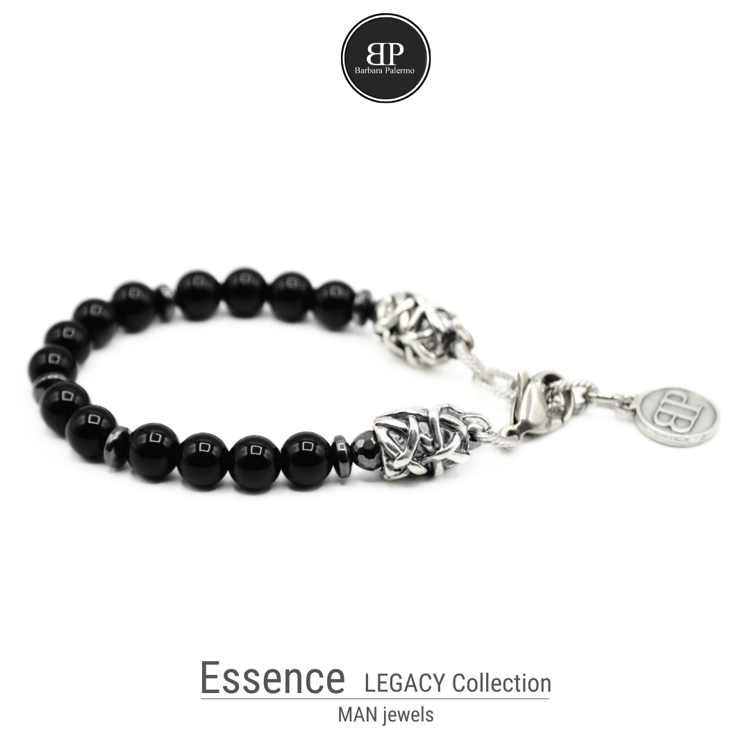 Bracciale onice nero uomo ESSENCE con terminali Argento