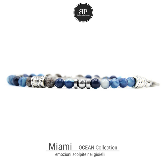 Bracciale doppio giro Ossidiana Agata blu Ematite Argento Miami
