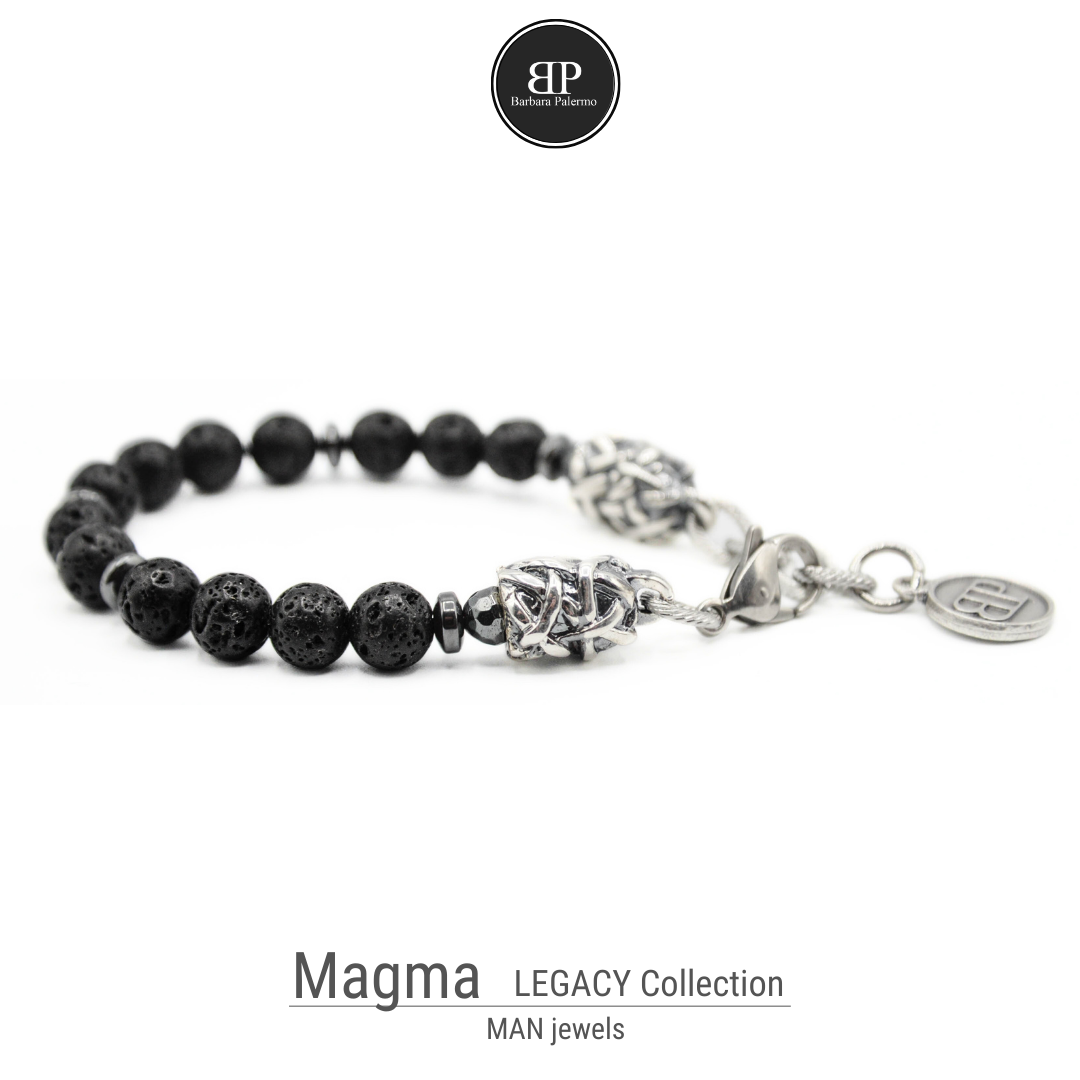 MAGMA und Silber Herrenarmband aus Lavasteinen