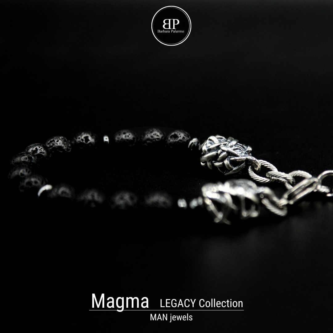 MAGMA und Silber Herrenarmband aus Lavasteinen