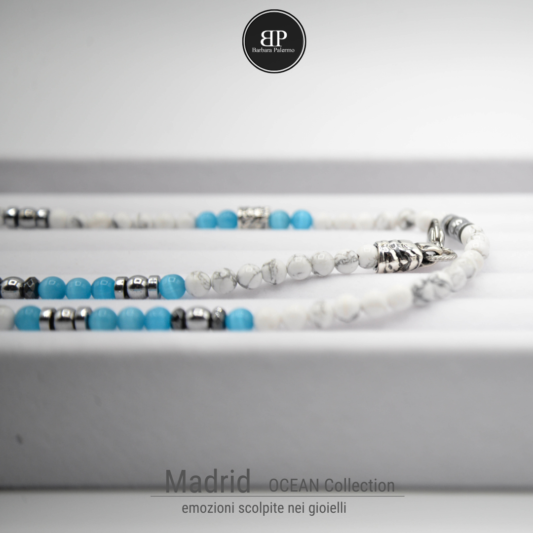 Madrid: L'Elegante Collana di Howlite e Occhio di Gatto