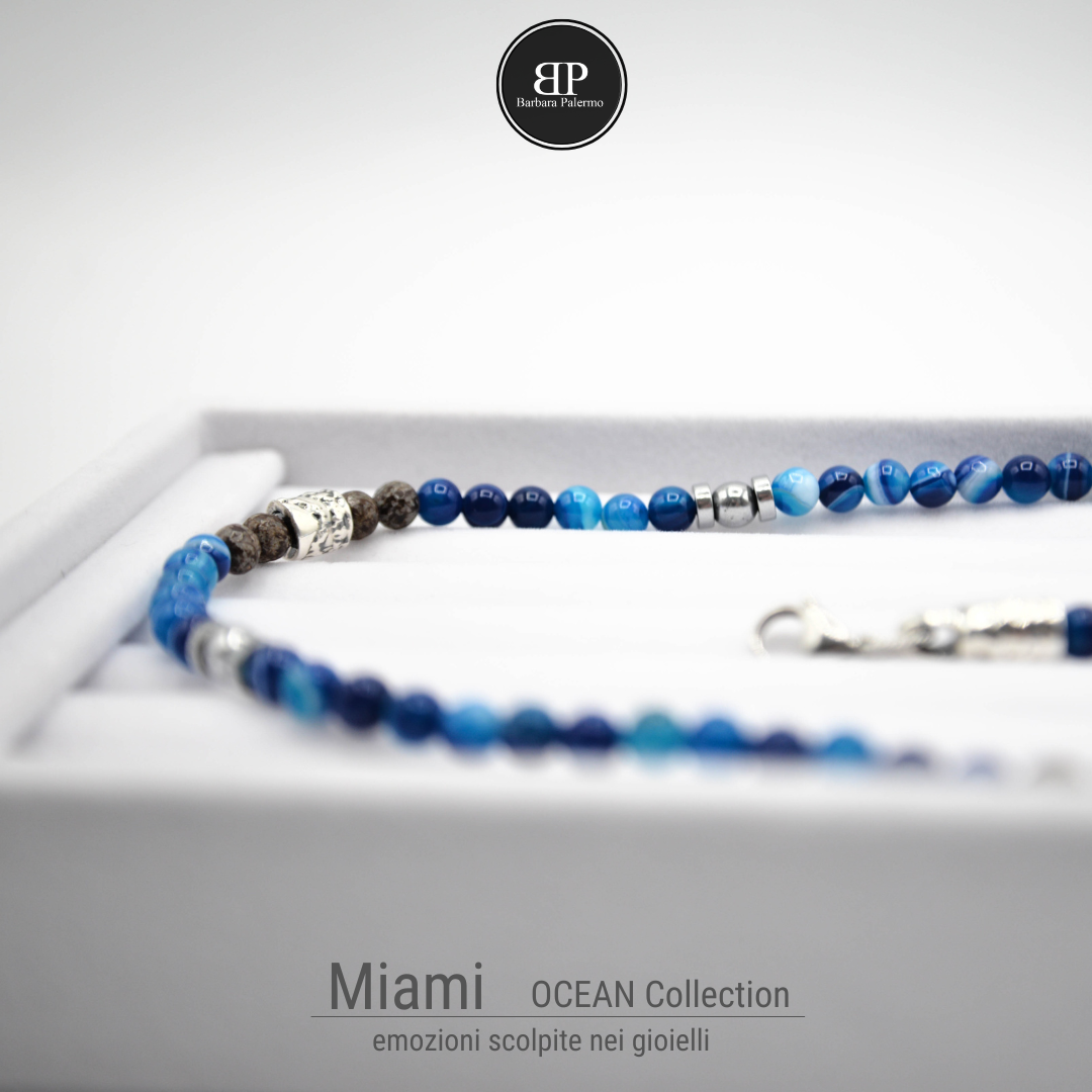Miami: collana con pietre agata blu-Ossidiana