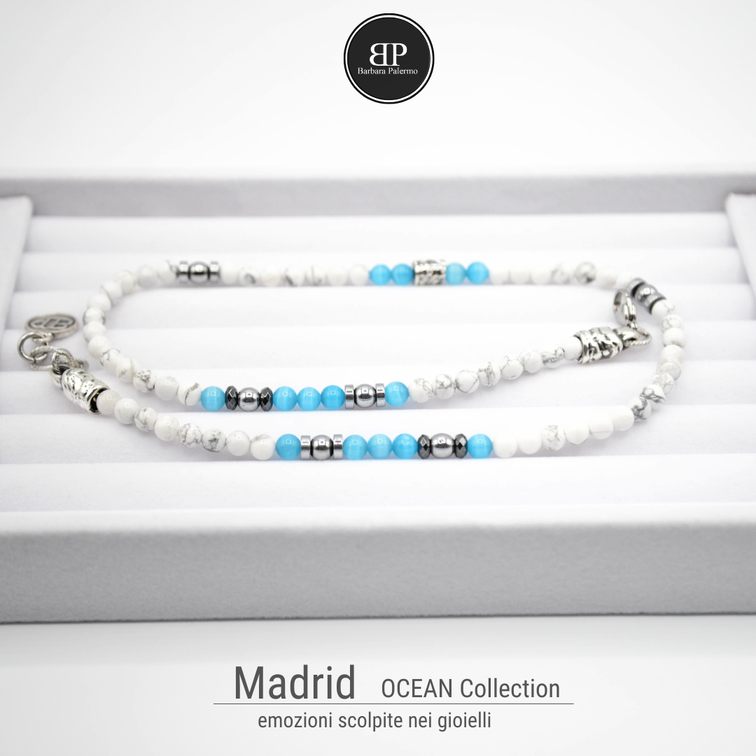 Madrid: L'Elegante Collana di Howlite e Occhio di Gatto