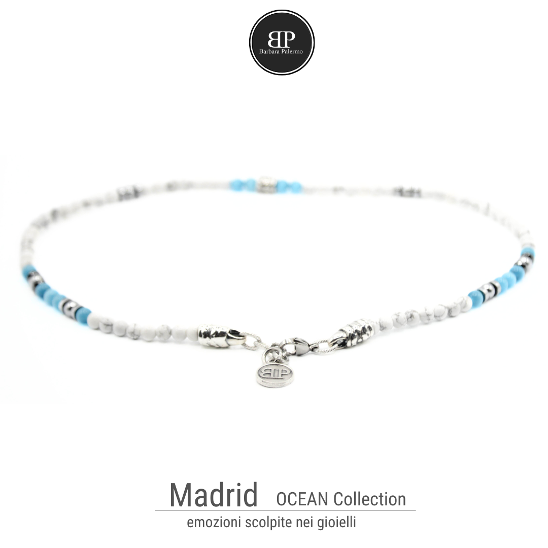 Madrid: L'Elegante Collana di Howlite e Occhio di Gatto