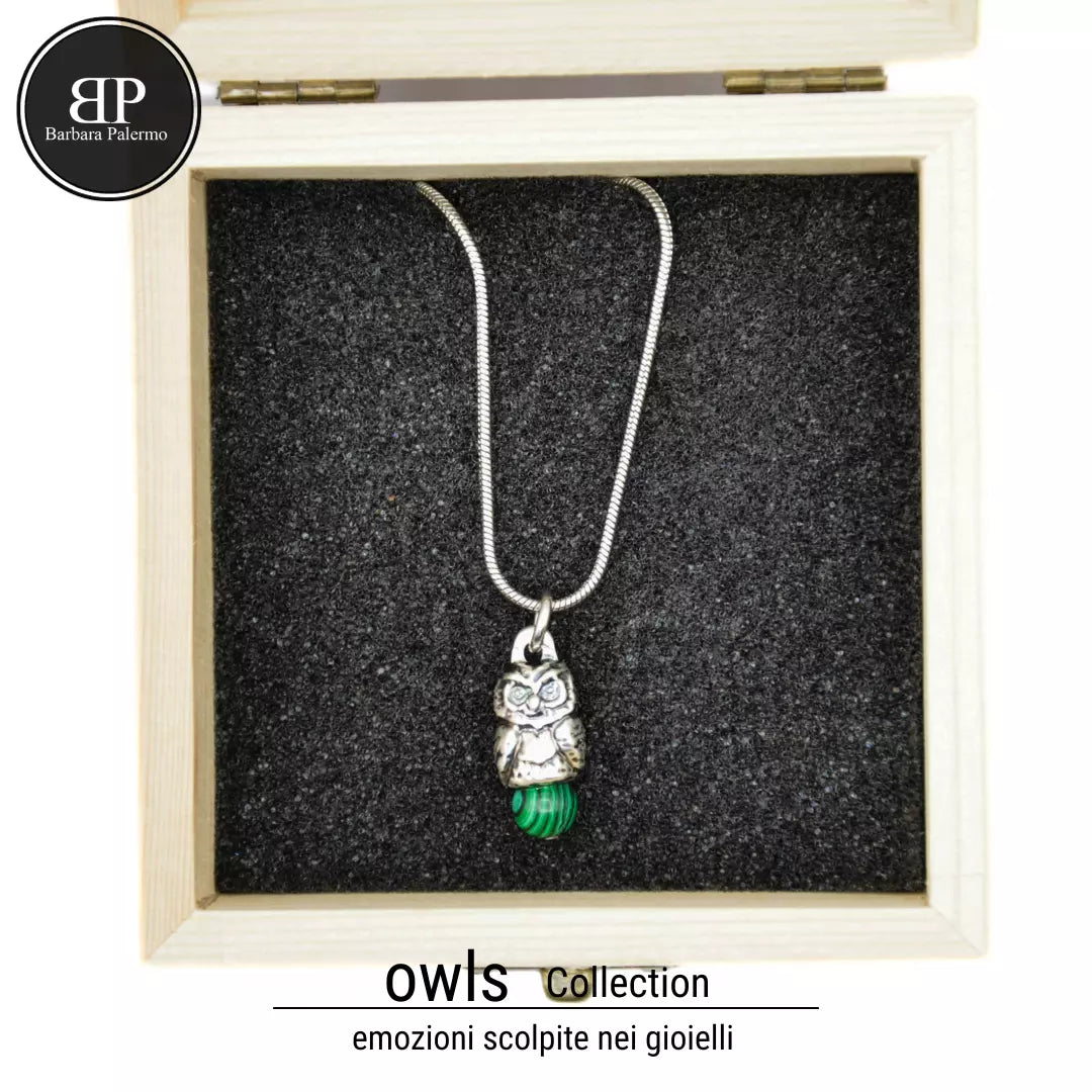 Gaia: Collana Gufo con Pasta di Malachite