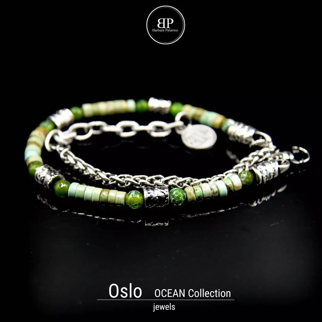 Armband Oslo Doppio Giro: Grüner Achat, Moosgrüne Howlith.