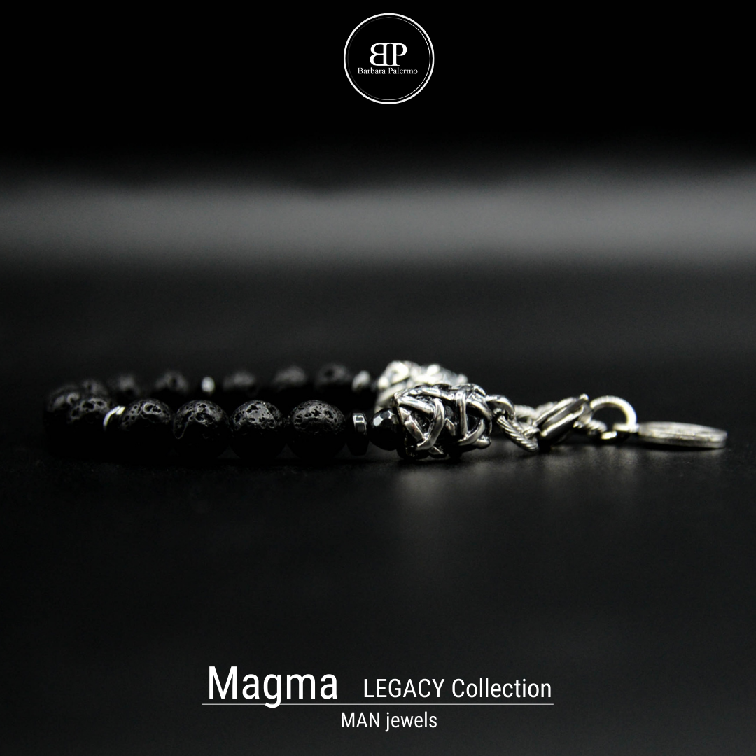 MAGMA und Silber Herrenarmband aus Lavasteinen