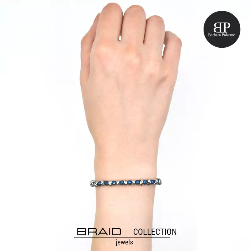 Glänzendes blaues nautisches Armband aus geflochtenem Stahl und Hämatit
