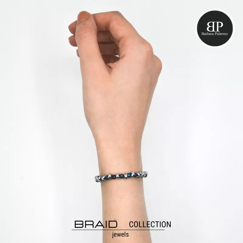 Glänzendes blaues nautisches Armband aus geflochtenem Stahl und Hämatit