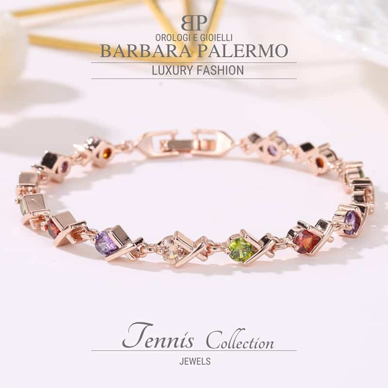 Bracciale Tennis con zirconi colorati a maglie placcato oro rosa 18k
