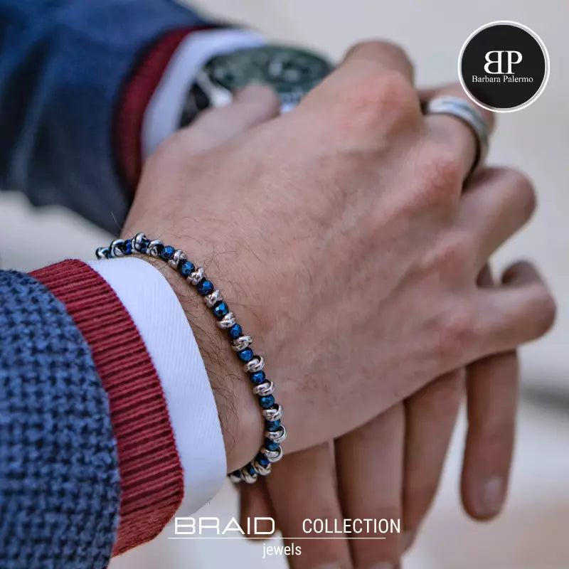 Glänzendes blaues nautisches Armband aus geflochtenem Stahl und Hämatit