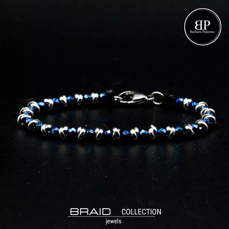 Glänzendes blaues nautisches Armband aus geflochtenem Stahl und Hämatit