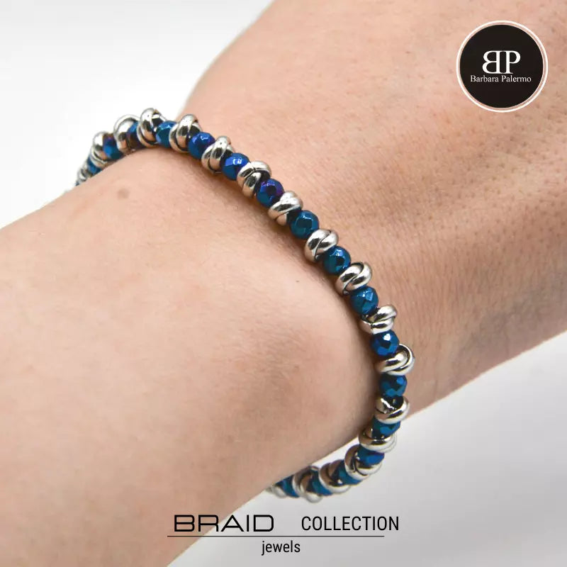 Glänzendes blaues nautisches Armband aus geflochtenem Stahl und Hämatit