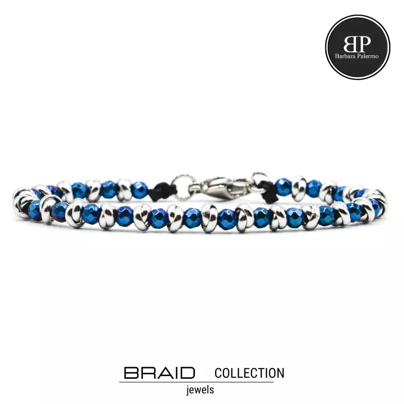 Glänzendes blaues nautisches Armband aus geflochtenem Stahl und Hämatit