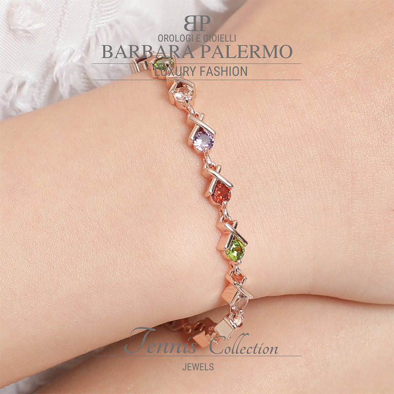 Bracciale Tennis con zirconi colorati a maglie placcato oro rosa 18k