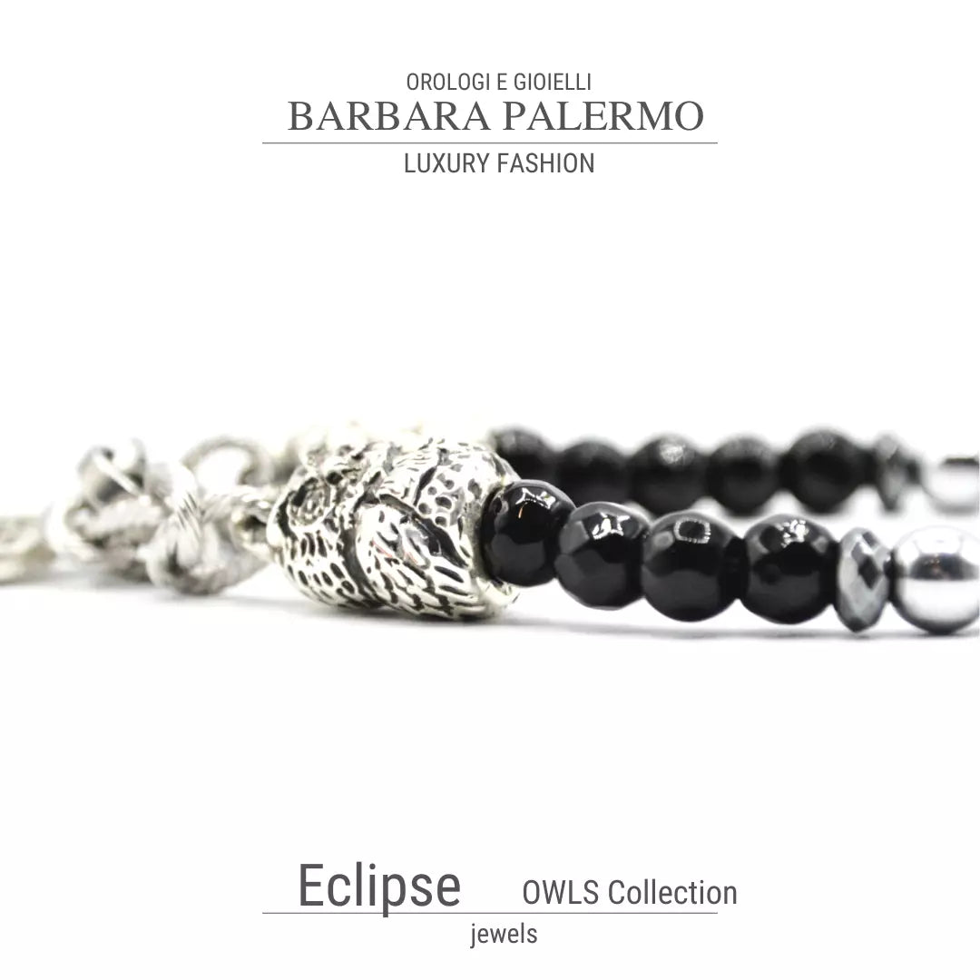 Eclipse-Armband – facettierter schwarzer Onyx und silberne Eule