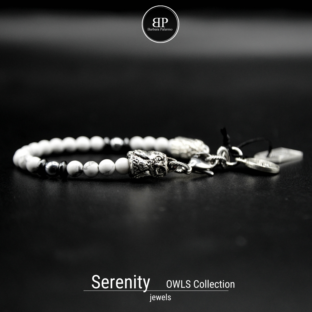 Serenity - Bracciale in Howlite e Ematite con Gufo