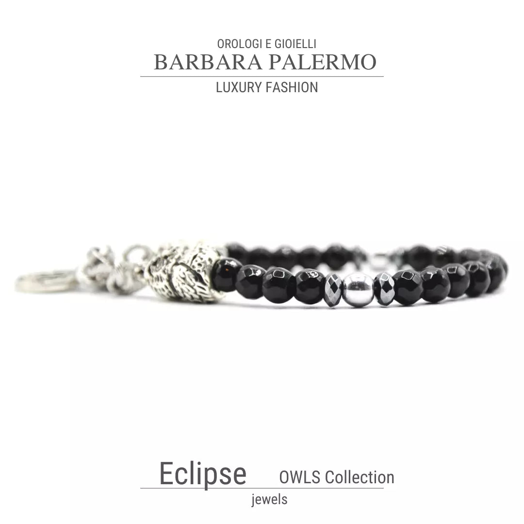 Eclipse-Armband – facettierter schwarzer Onyx und silberne Eule