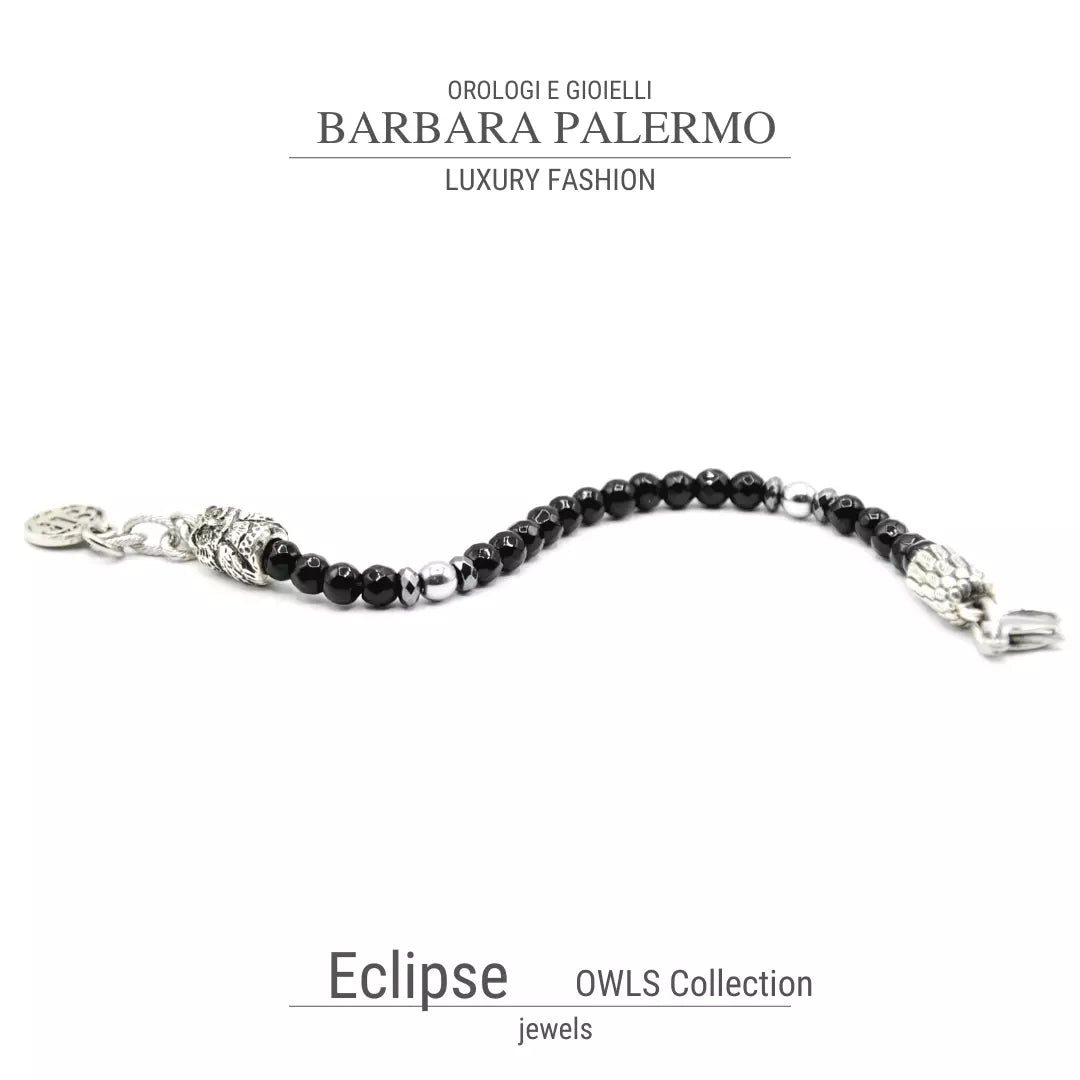 Eclipse-Armband – facettierter schwarzer Onyx und silberne Eule