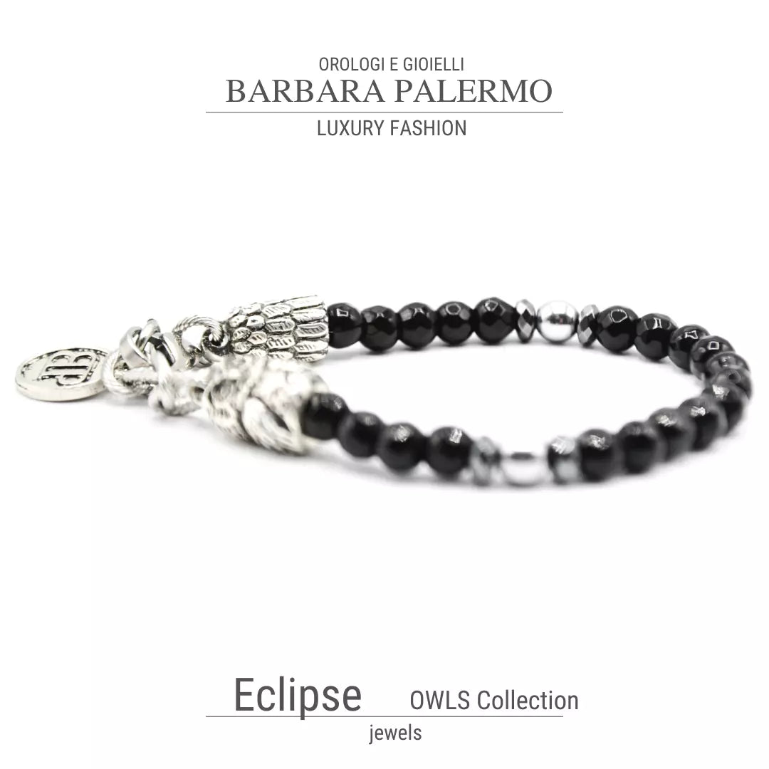Eclipse-Armband – facettierter schwarzer Onyx und silberne Eule
