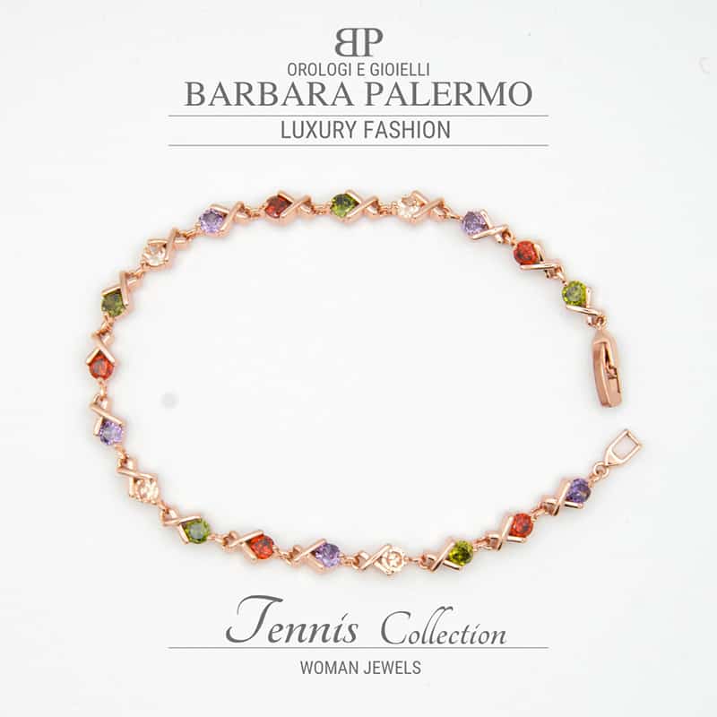 Bracciale Tennis con zirconi colorati a maglie placcato oro rosa 18k