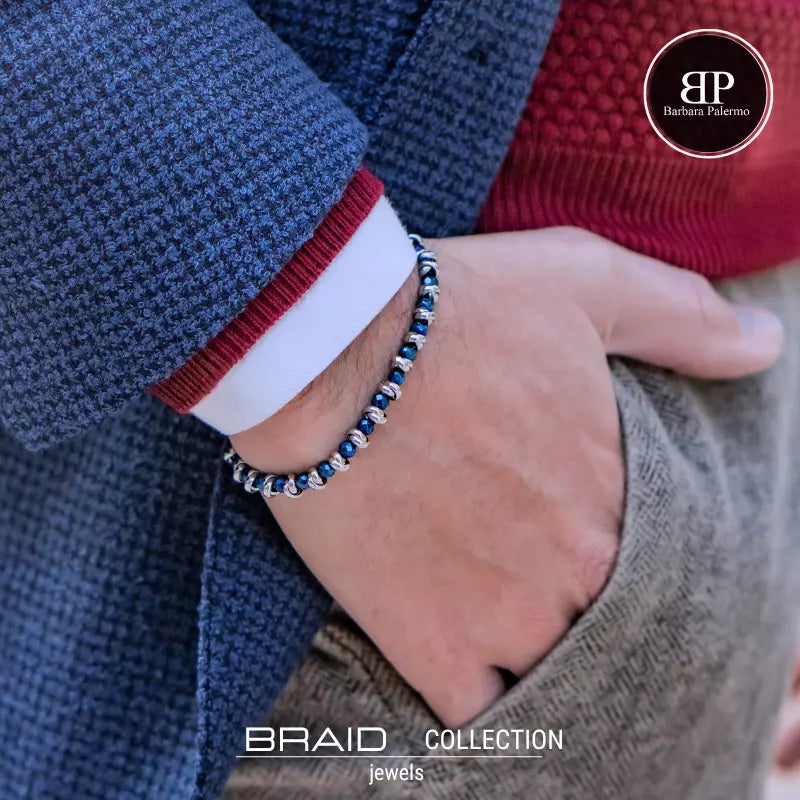 Glänzendes blaues nautisches Armband aus geflochtenem Stahl und Hämatit