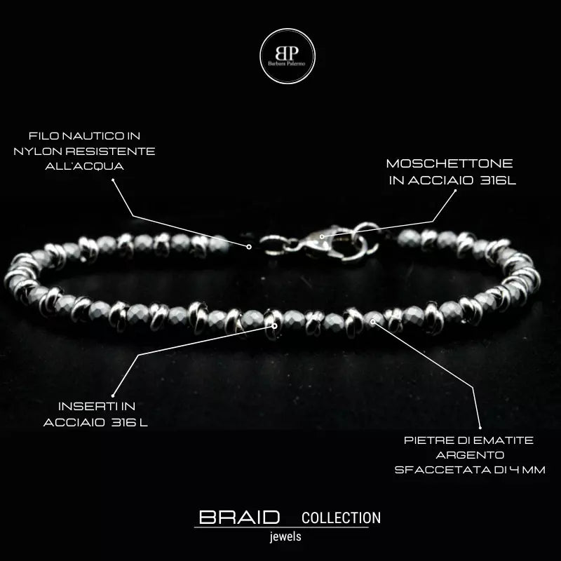 Bracciale nautico acciaio ed ematite Braid argento