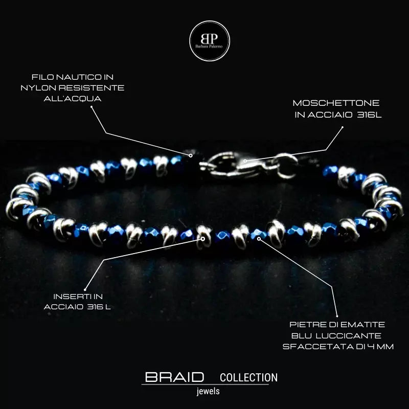 Glänzendes blaues nautisches Armband aus geflochtenem Stahl und Hämatit