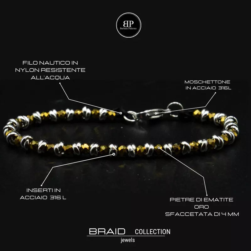 Bracciale nautico acciaio ed ematite Braid oro
