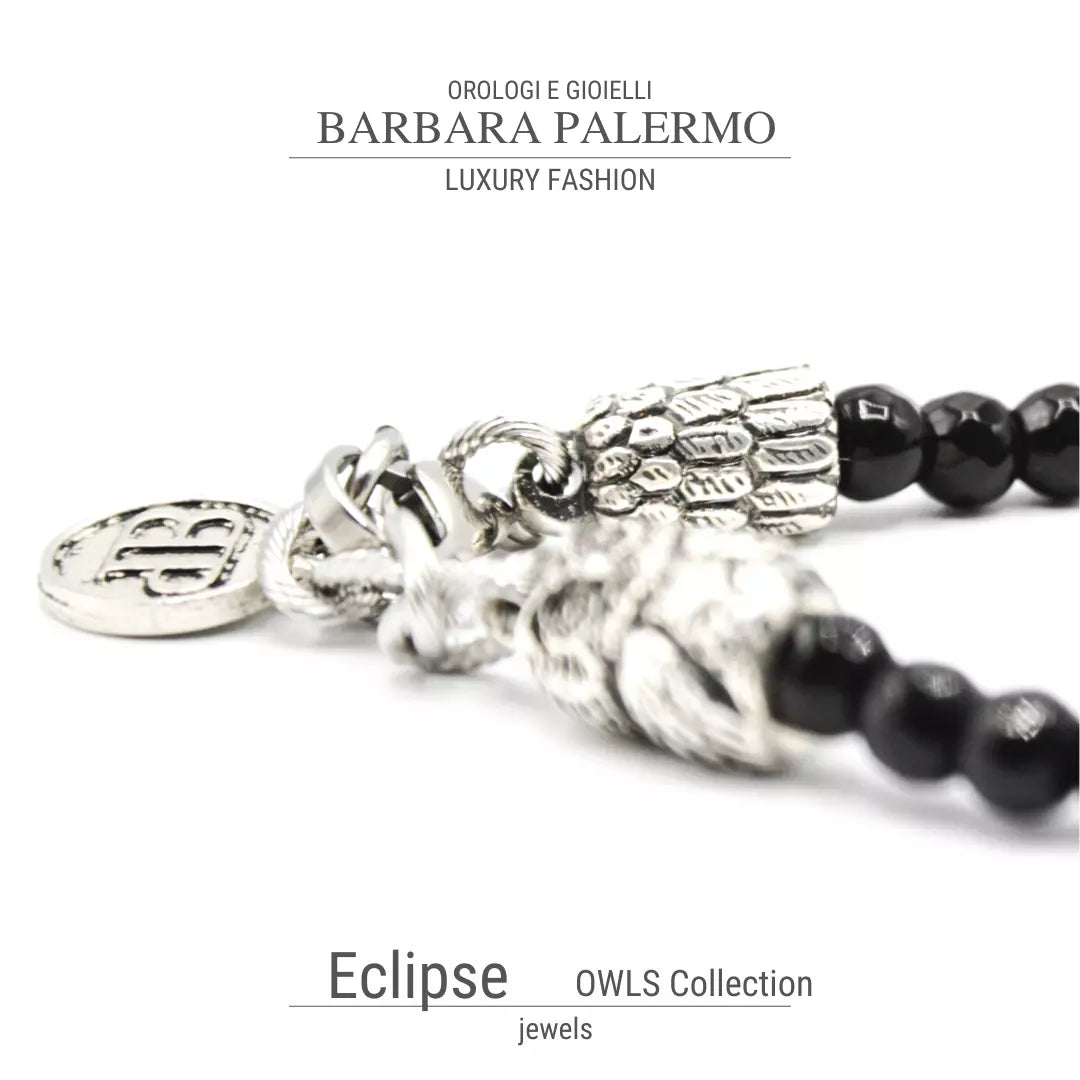 Eclipse-Armband – facettierter schwarzer Onyx und silberne Eule