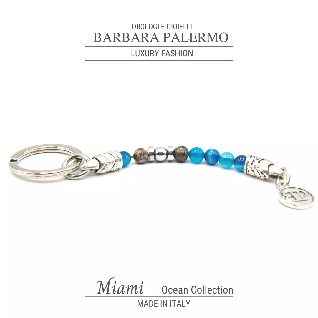 Schlüsselanhänger Obsidian Blauer Achat Hämatit Silber Ozean Miami