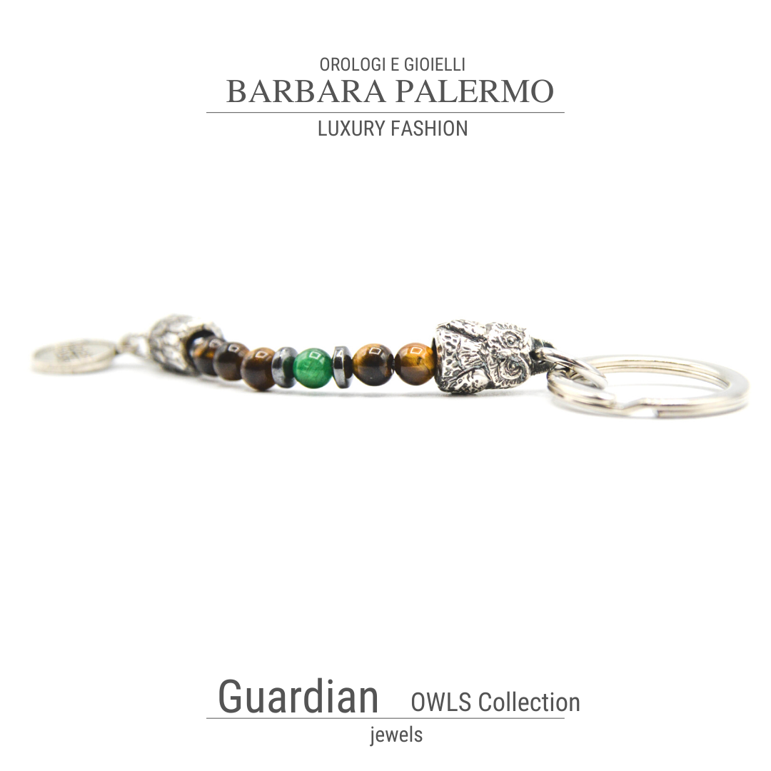 Guardian - Porta chiave con Gufo Placcato Argento e Occhio di Tigre