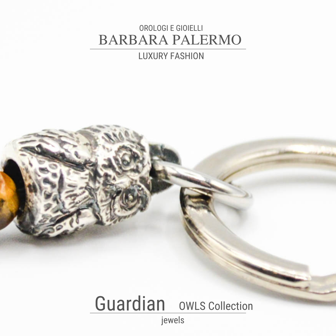 Guardian - Porta chiave con Gufo Placcato Argento e Occhio di Tigre