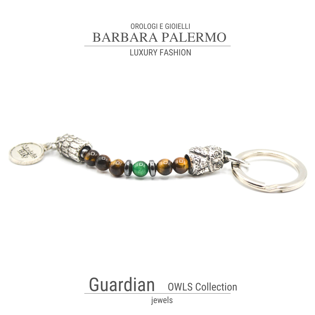 Guardian - Porta chiave con Gufo Placcato Argento e Occhio di Tigre