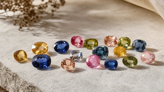 Zaffiri naturali blu e multicolore disposti su una superficie chiara