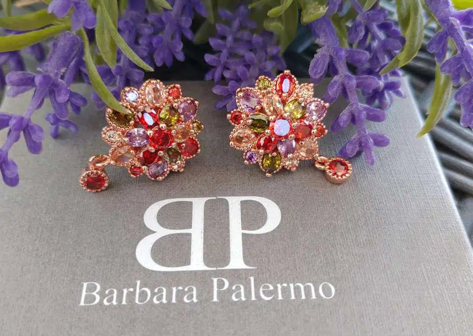 Orecchini con zirconi colorati collezione Nasra di Barbara Palermo placcati in oro rosa