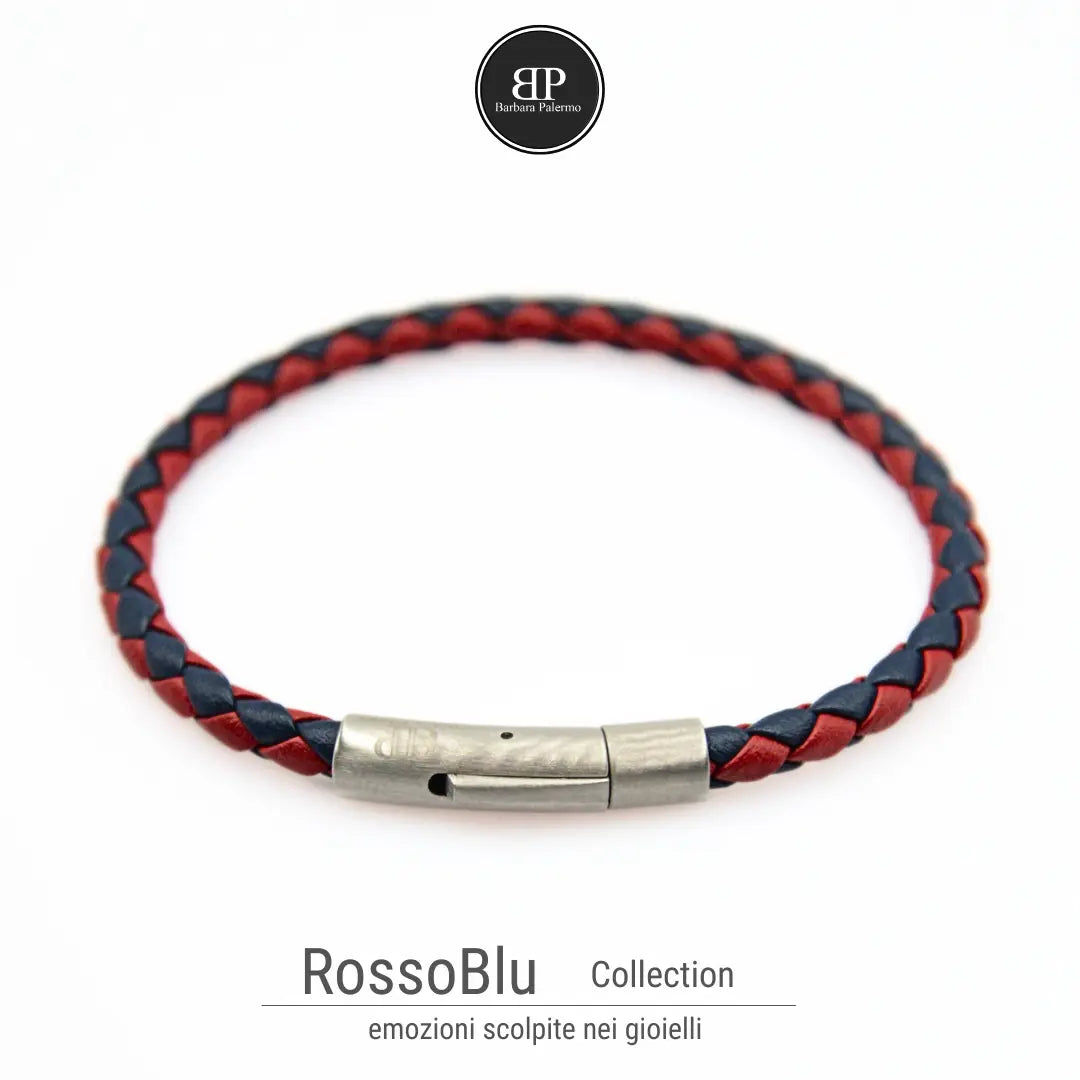 Bracciale in Pelle Intrecciata Rosso e Blu con Chiusura in Acciaio