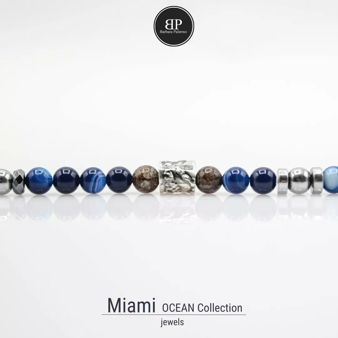 Armband Obsidian Blauer Achat Hämatit Silber Ozean Miami