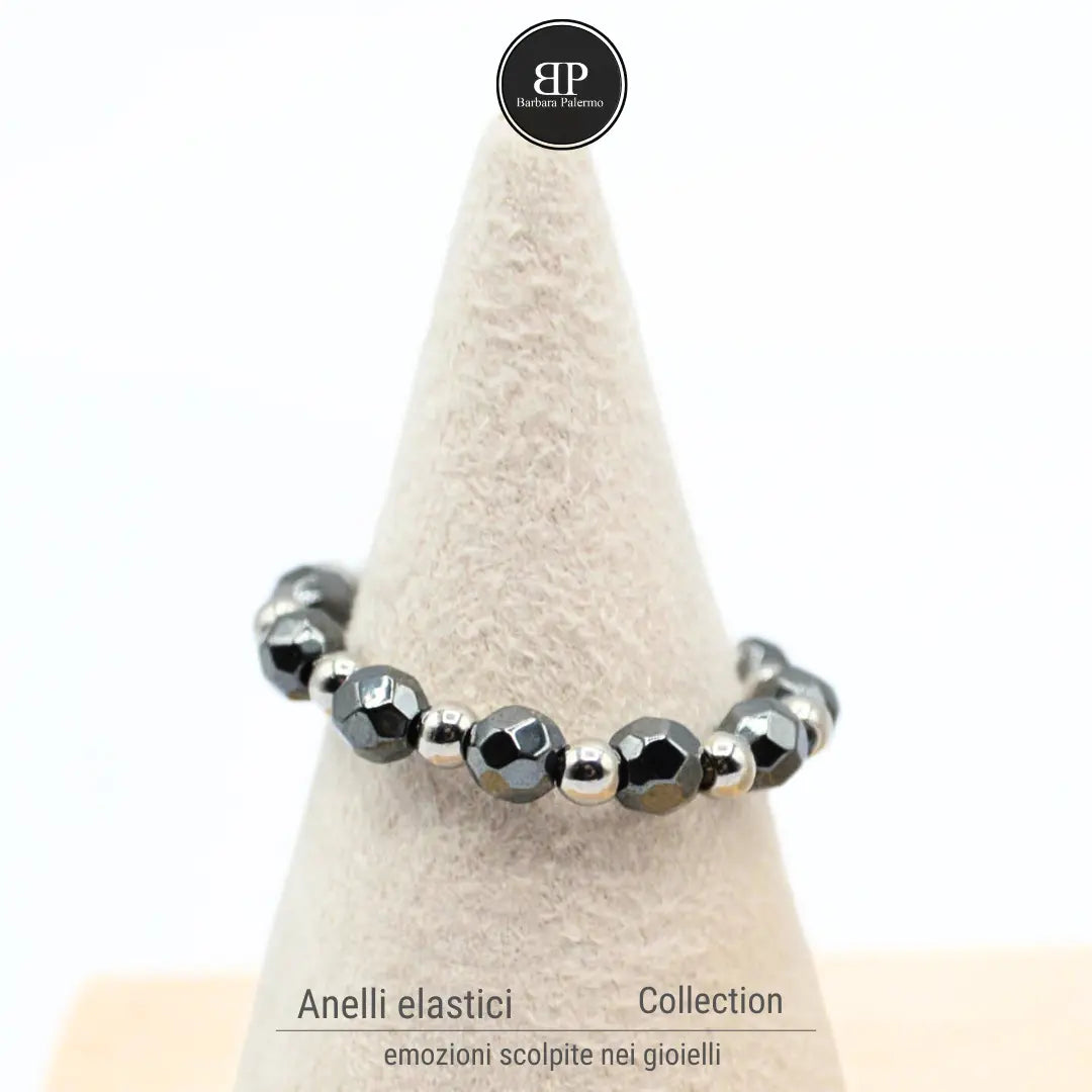 Anello Elastico con Ematite Antracite Sfaccettata