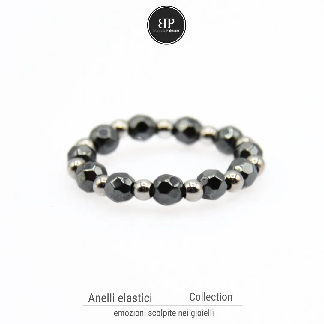 Anello Elastico con Ematite Antracite Sfaccettata