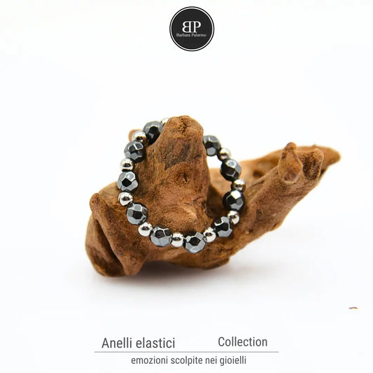 Anello Elastico con Ematite Antracite Sfaccettata