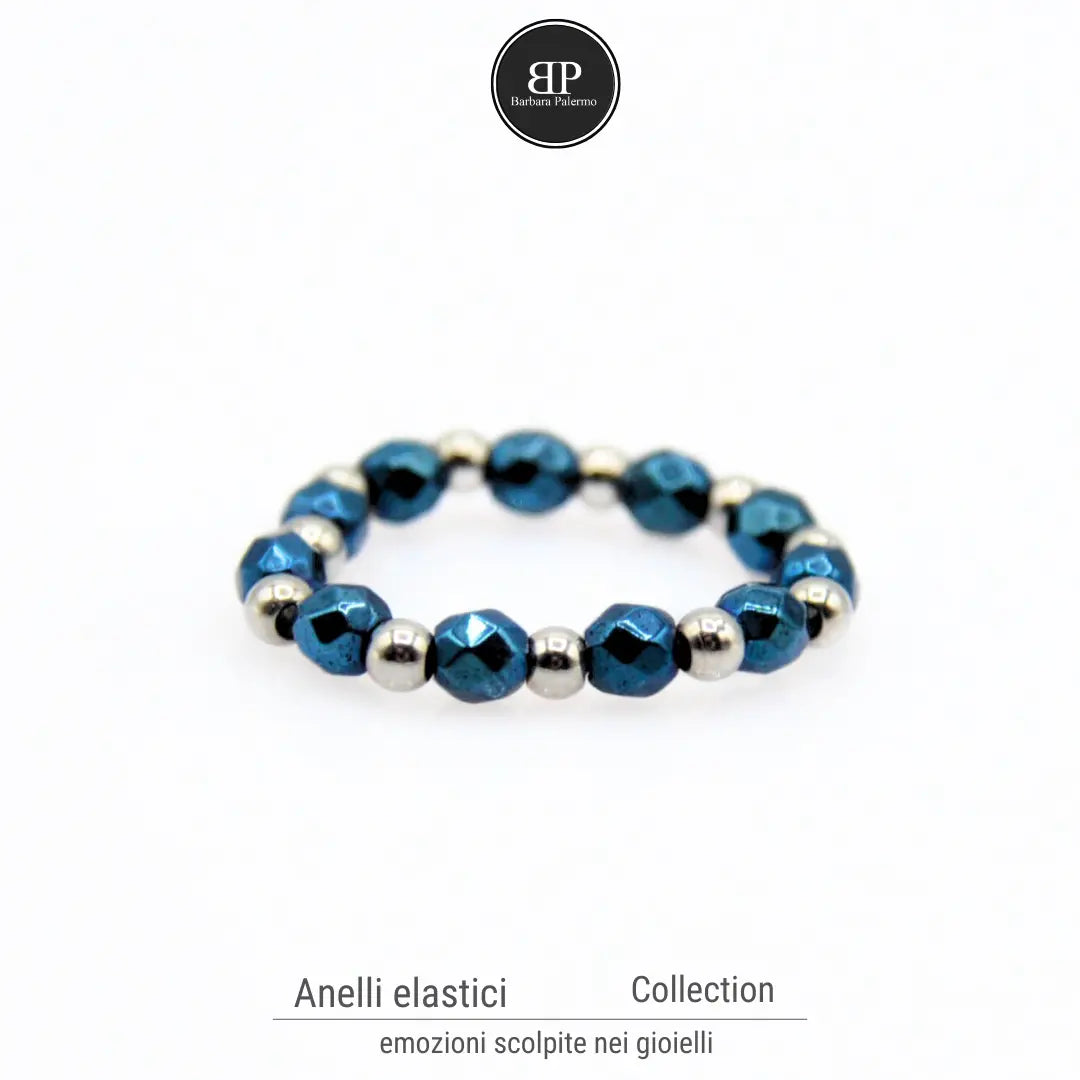 Anello Elastico con Ematite Blu Lucida Sfaccettata