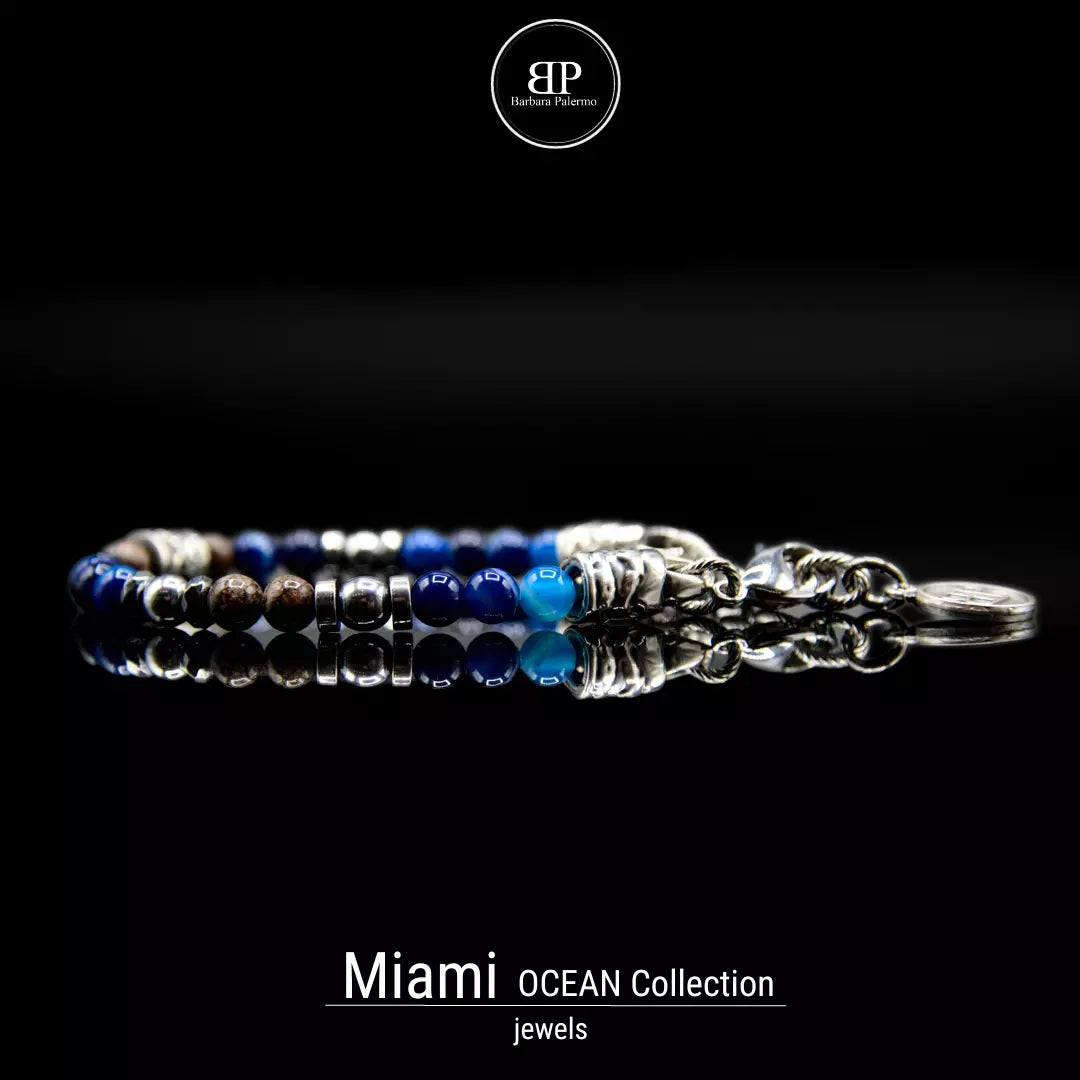 Armband Obsidian Blauer Achat Hämatit Silber Ozean Miami