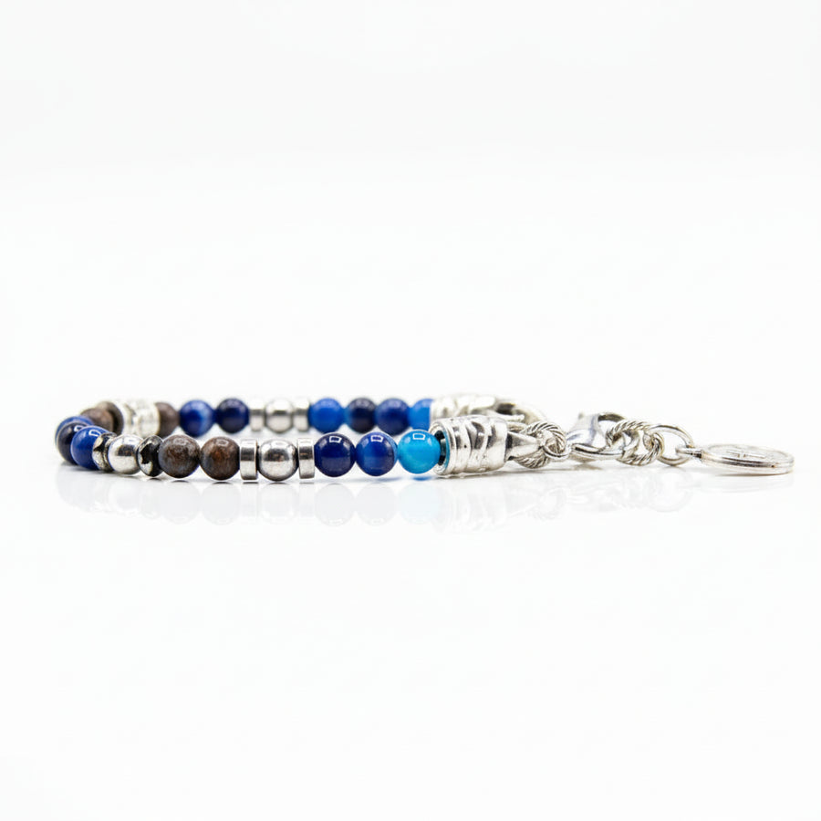Bracciale Ocean Miami con ossidiana, agata blu, ematite e sculture d'onda placcate argento