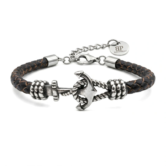 Bracciale Ancora in Pelle Nara Vintage Intrecciata
