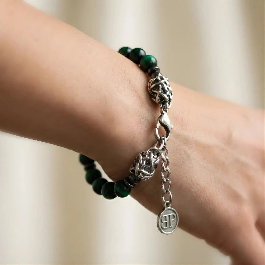 Instinkt-Armband – grünes und silbernes Tigerauge