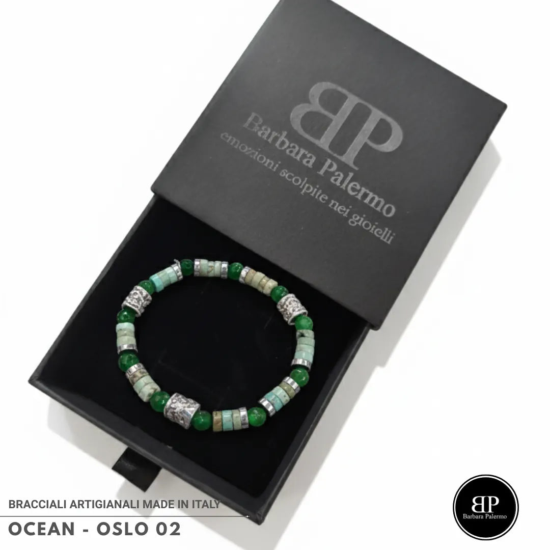 Bracciale Oslo 02 – Giada Verde, Howlite ed Ematite Argento