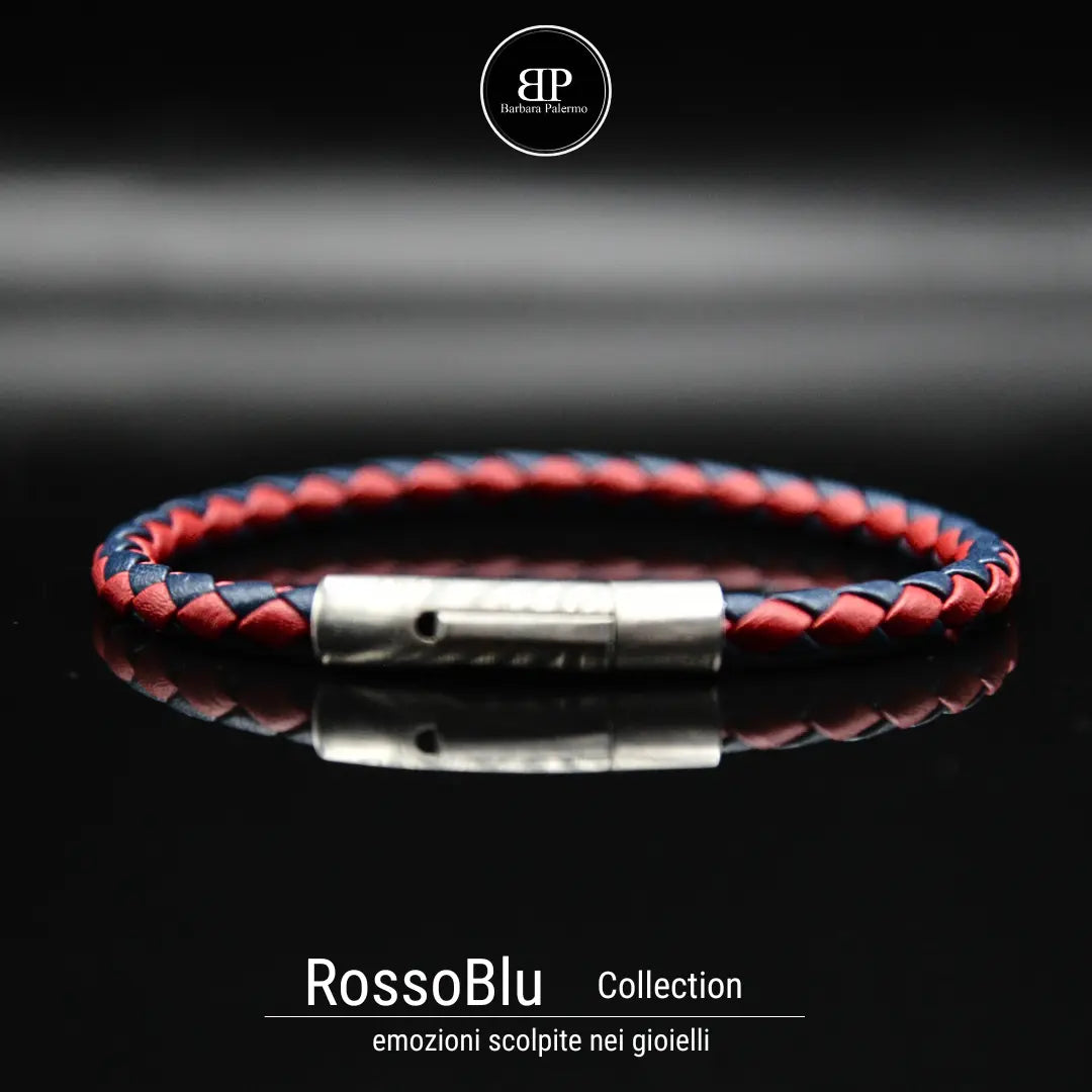 Bracciale in Pelle Intrecciata Rosso e Blu con Chiusura in Acciaio